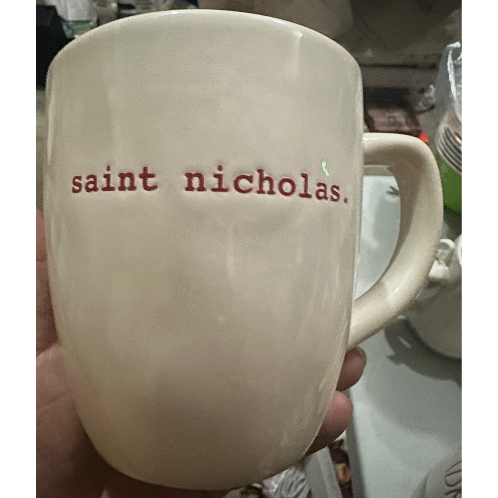 Rae Dunn Saint Nicholas Christmas Red Typewriter Font Ivory Ceramic mug